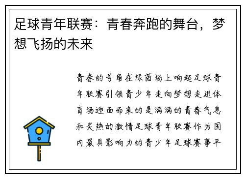 足球青年联赛：青春奔跑的舞台，梦想飞扬的未来