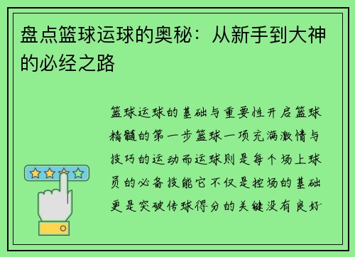 盘点篮球运球的奥秘：从新手到大神的必经之路